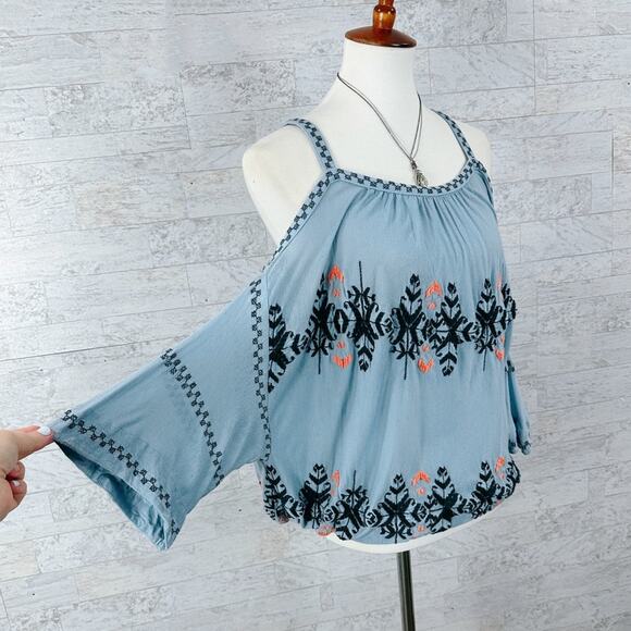 Free People New World Jersey blue cold shoulder embroidered peasant top - Picture 4 of 6